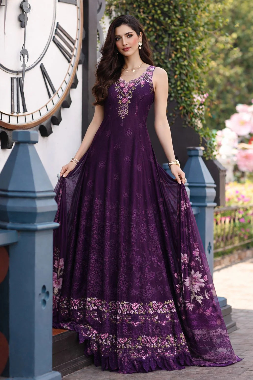Noor by Saadia Asad Luxe Chikankari Unstitched Lawn 3Pc Suit EFY-152 Aubergine Bloom
