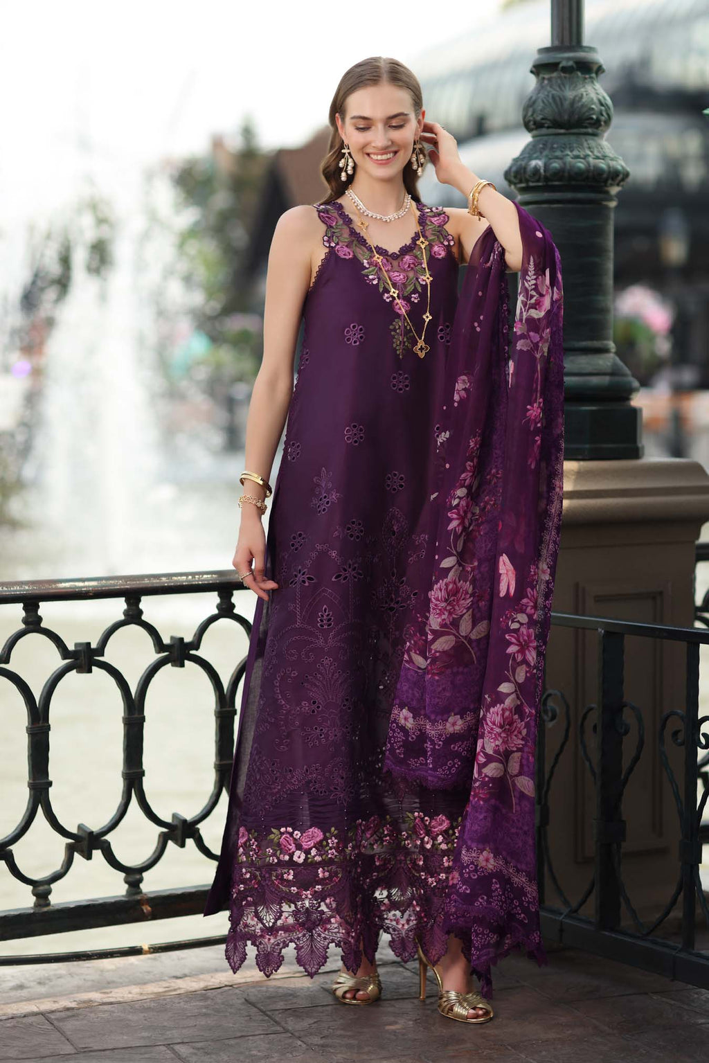 Noor by Saadia Asad Luxe Chikankari Unstitched Lawn 3Pc Suit EFY-152 Aubergine Bloom