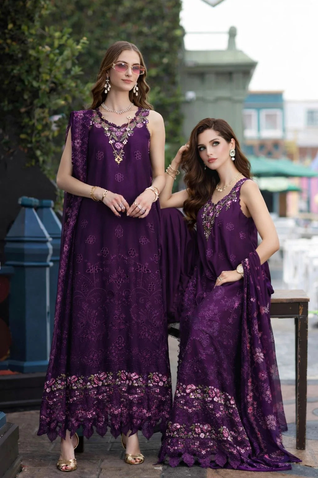 Noor by Saadia Asad Luxe Chikankari Unstitched Lawn 3Pc Suit EFY-152 Aubergine Bloom